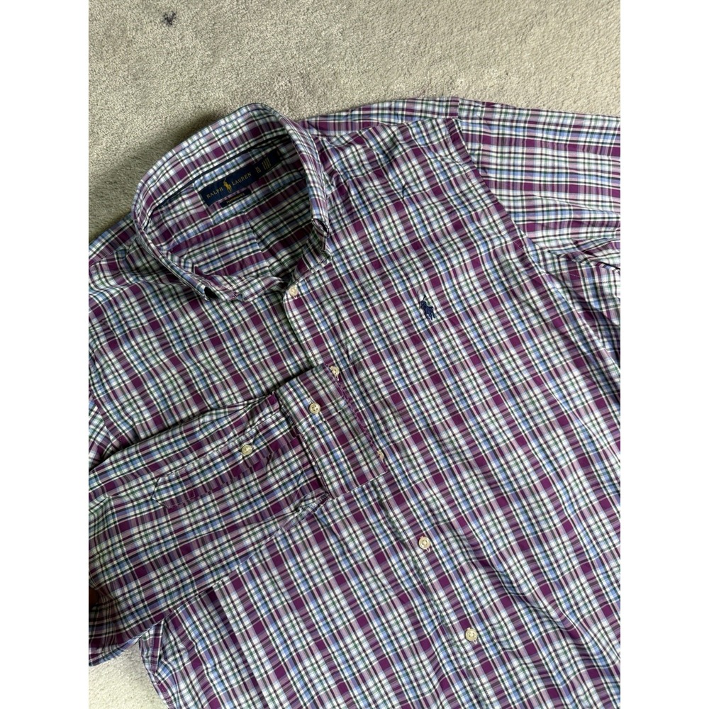 Polo Ralph Lauren Shirt Mens XL Performance Button Up Purple Blue Plaid Pony